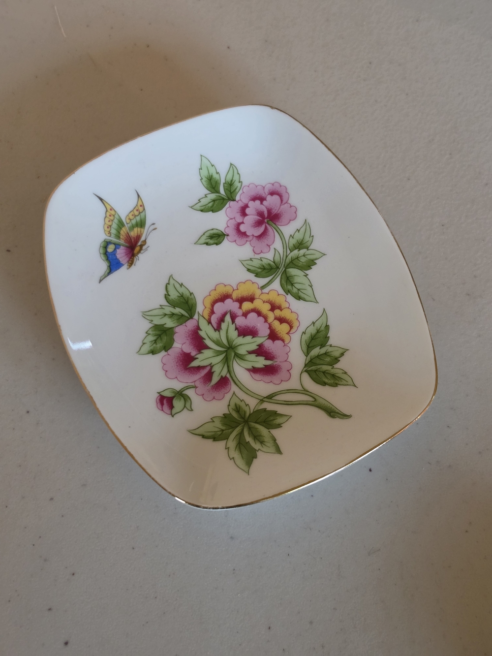Hollohaza Porcelain Floral Catchall Dish Butterfly And Flowers Hungary